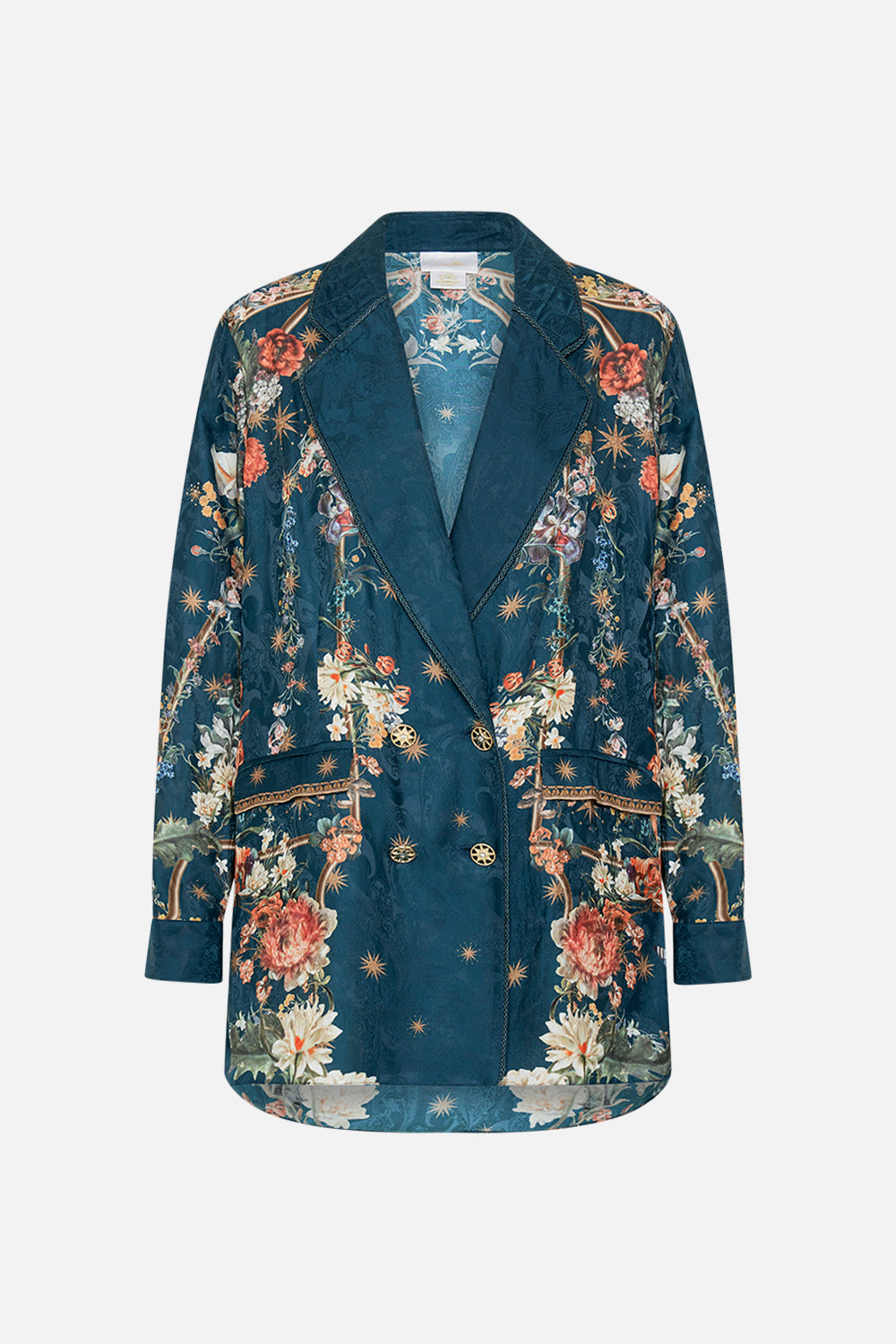 CAMILLA silk jacket in She Who Wears The Crown print