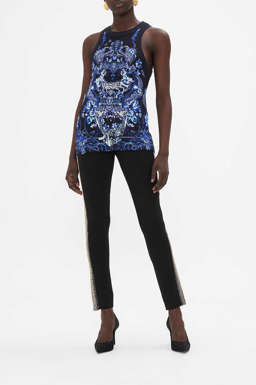 Front view of model wearing CAMILLA tank top in Delft Dynasty print