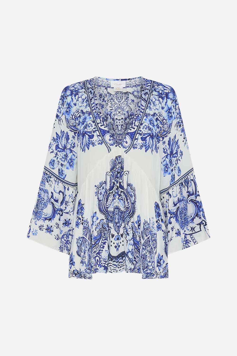 CAMILLA silk ruffle blouse in Glaze And Graze print