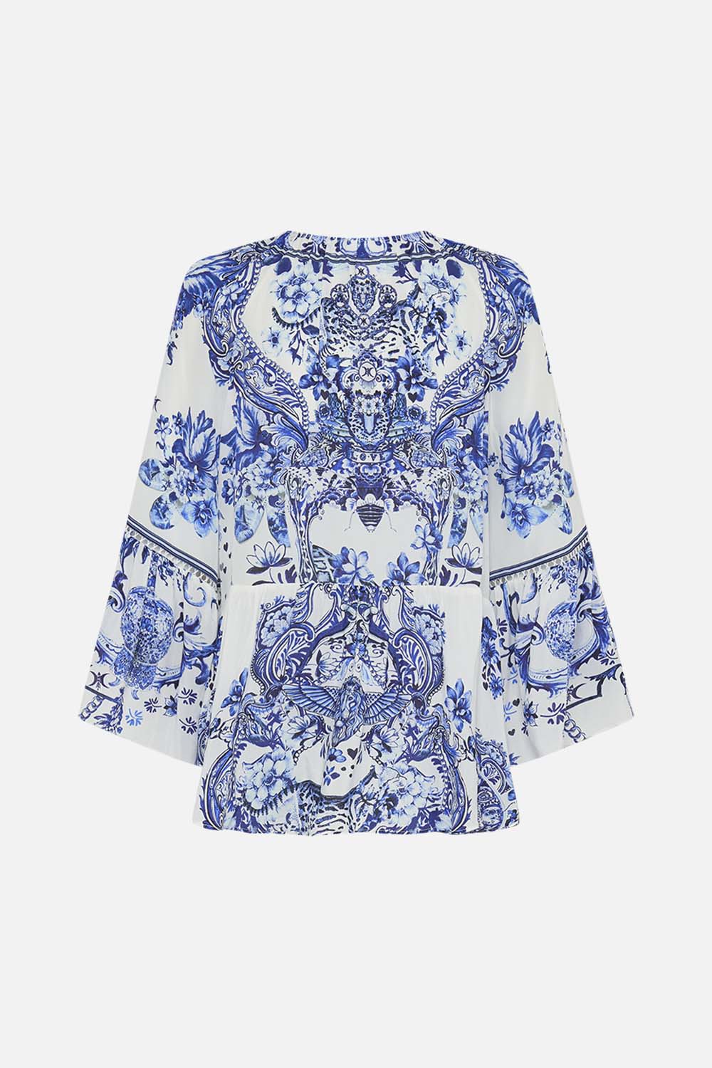 Back view of CAMILLA silk ruffle blouse in Glaze And Graze print
