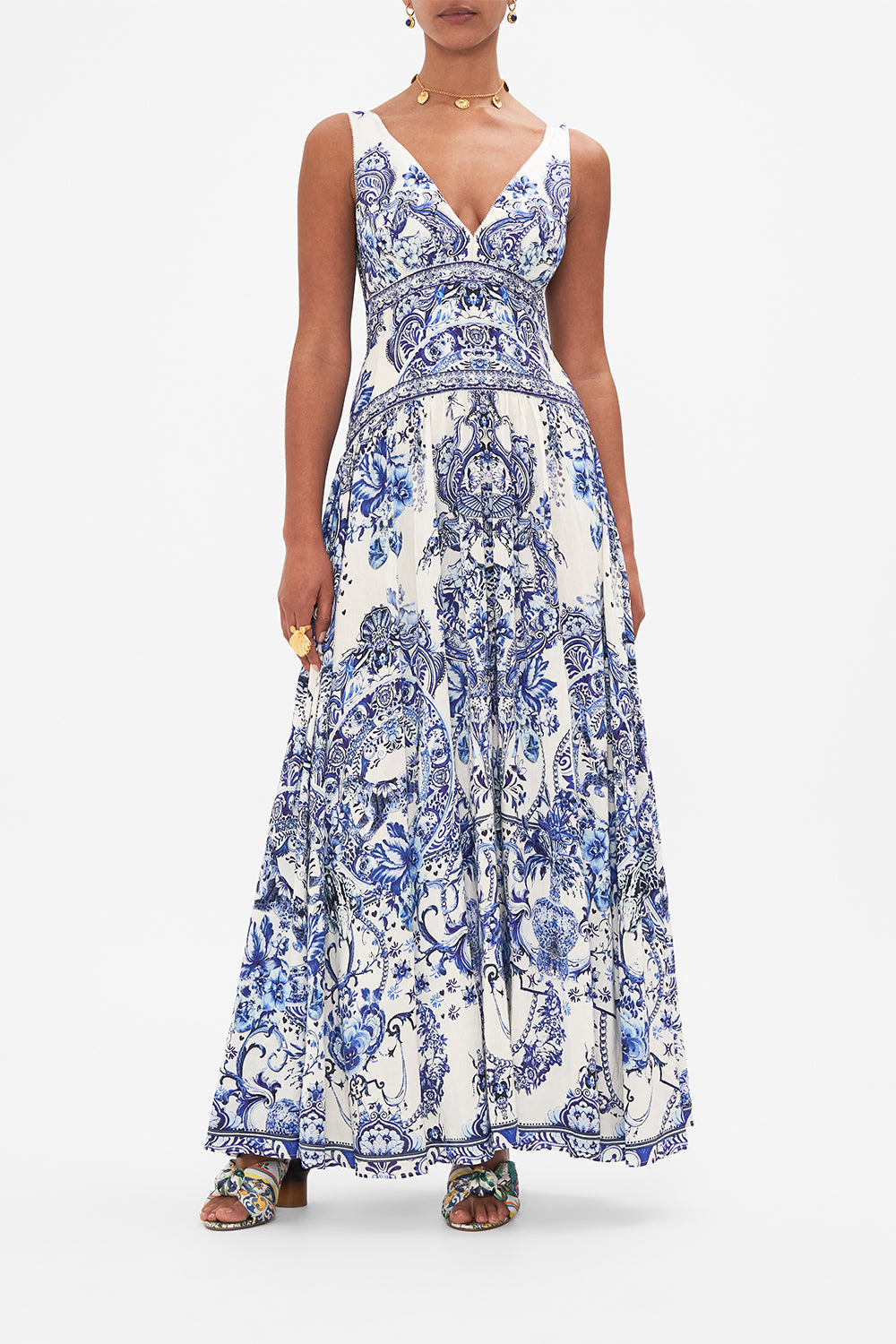 Front view of model wearing CAMILLA maxi dress in Glaze and Graze print