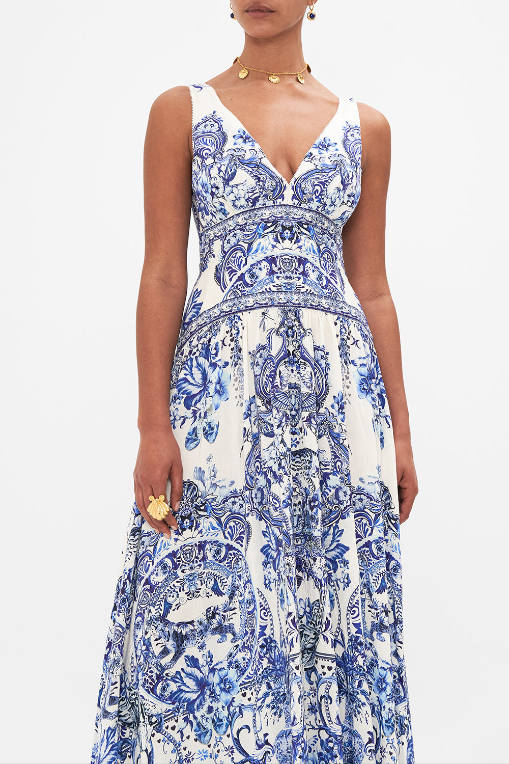 Crop view of model wearing CAMILLA maxi dress in Glaze and Graze print