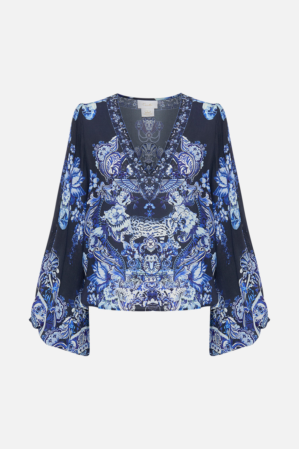 Back view of model wearing CAMILLA silk blouse in Delft Dynasty print