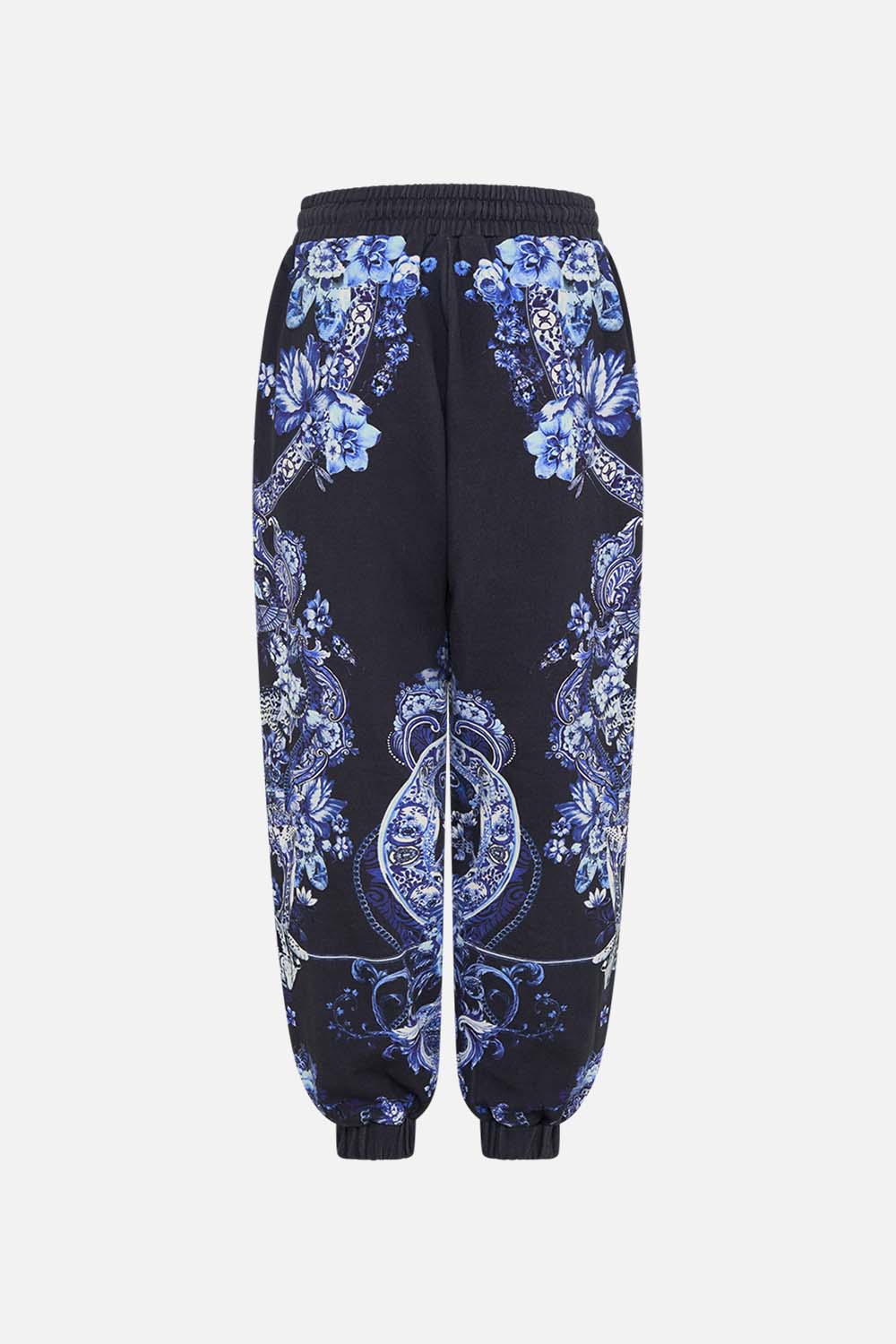 Back view of CAMILLA designer track pants in Delft Dynasty print