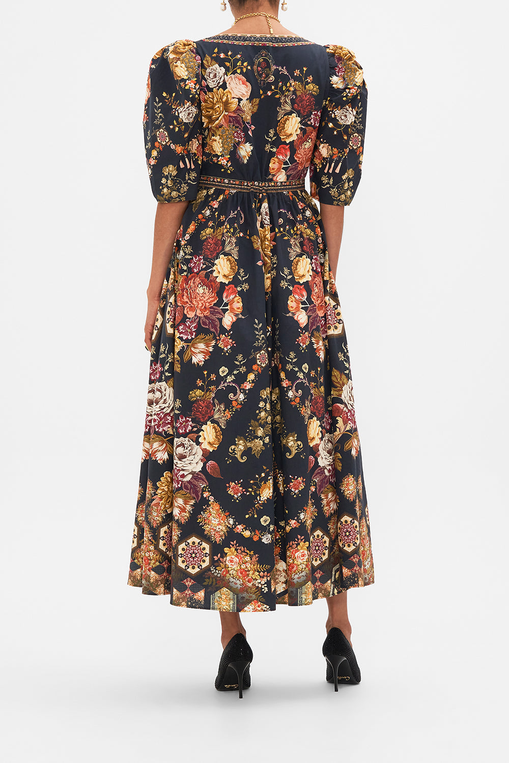 CAMILLA Floral Puff Sleeve Long Dress with Hardware in Stitched in Time