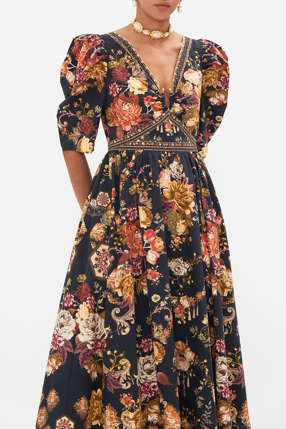 CAMILLA Floral Puff Sleeve Long Dress with Hardware in Stitched in Time