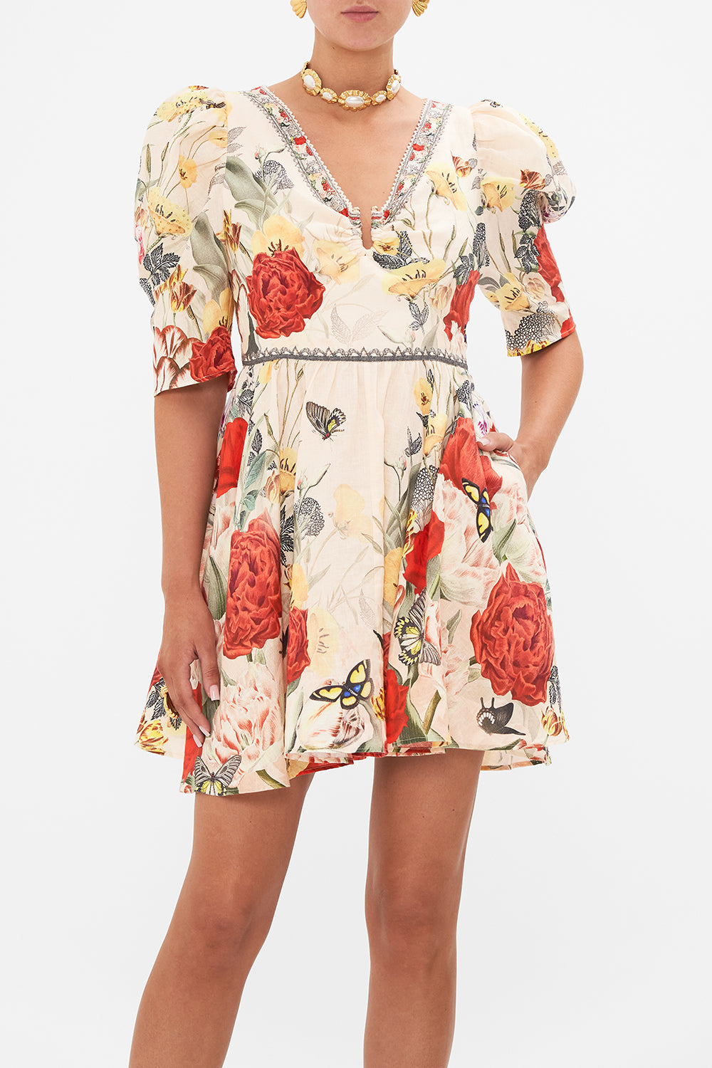 CAMILLA Multi Puff Sleeve Short Dress with Hardware in Etched into Eternity print