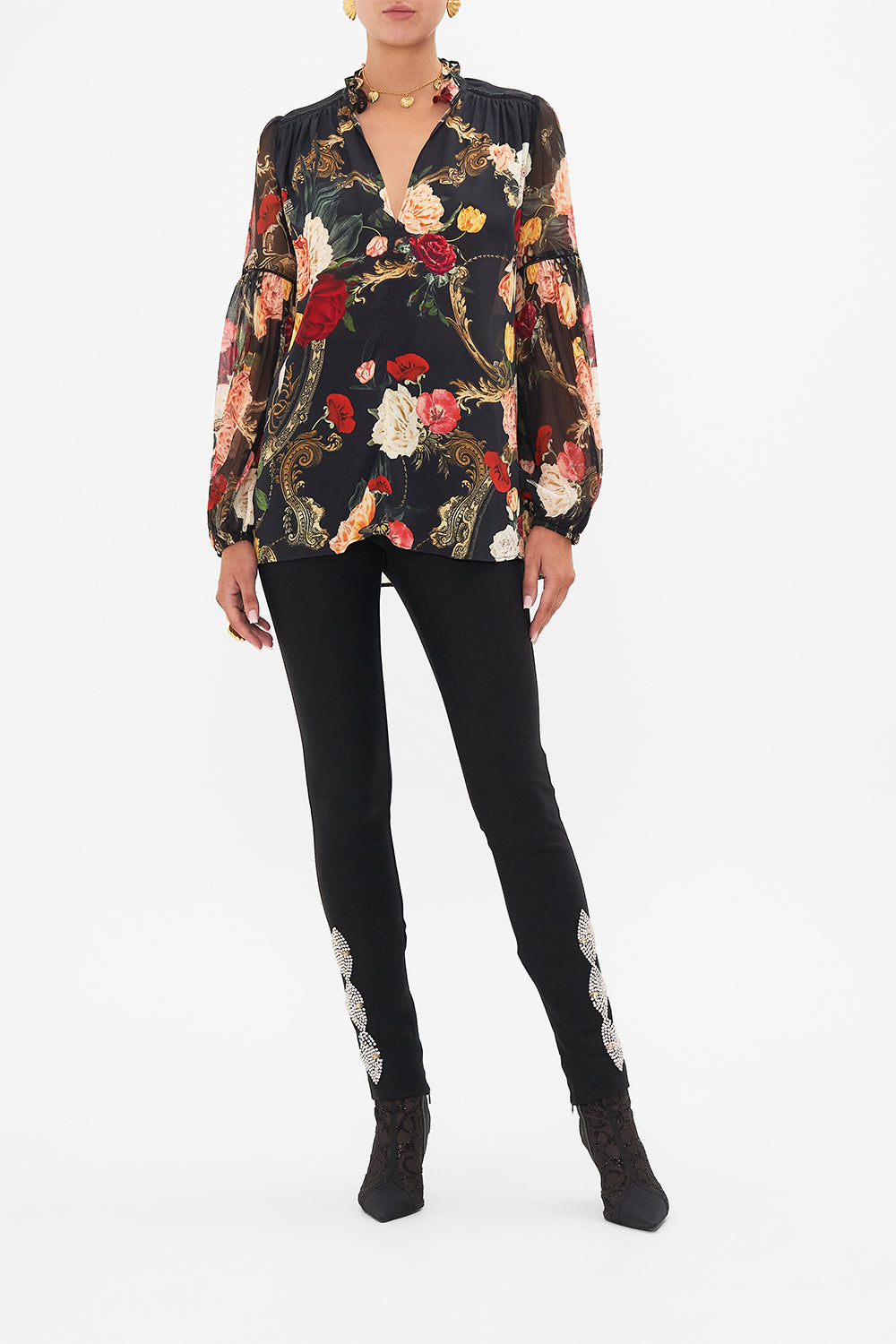 CAMILLA Black Frill Collared Blouse in Magic in the Manuscripts print