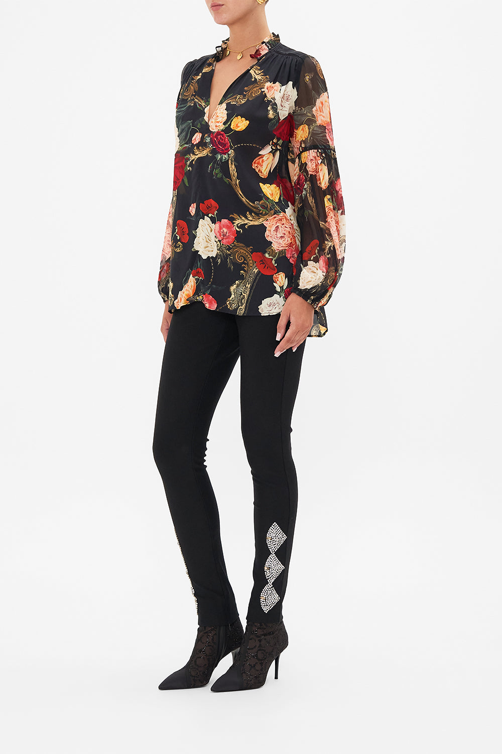 CAMILLA Black Frill Collared Blouse in Magic in the Manuscripts print