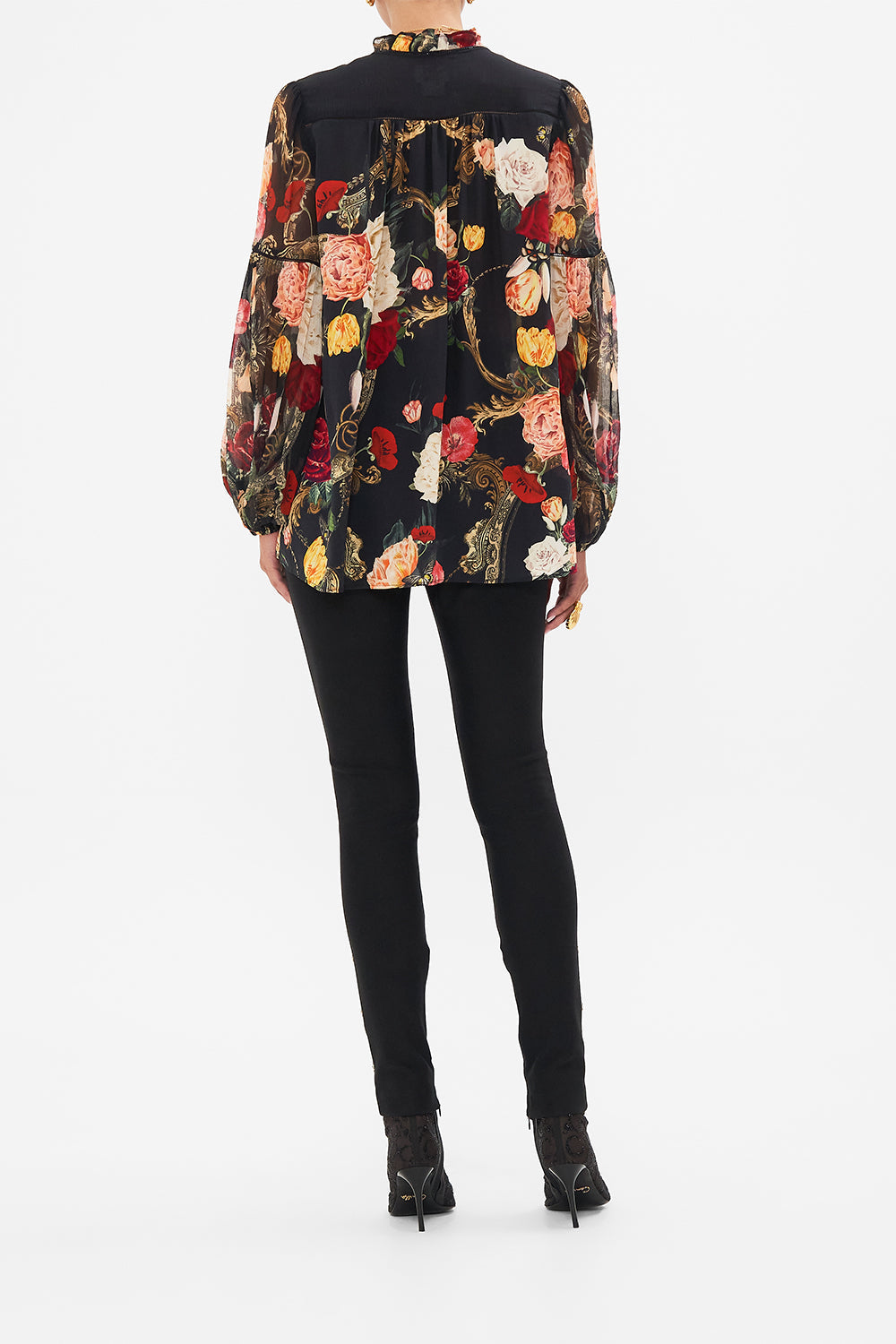 CAMILLA Black Frill Collared Blouse in Magic in the Manuscripts print