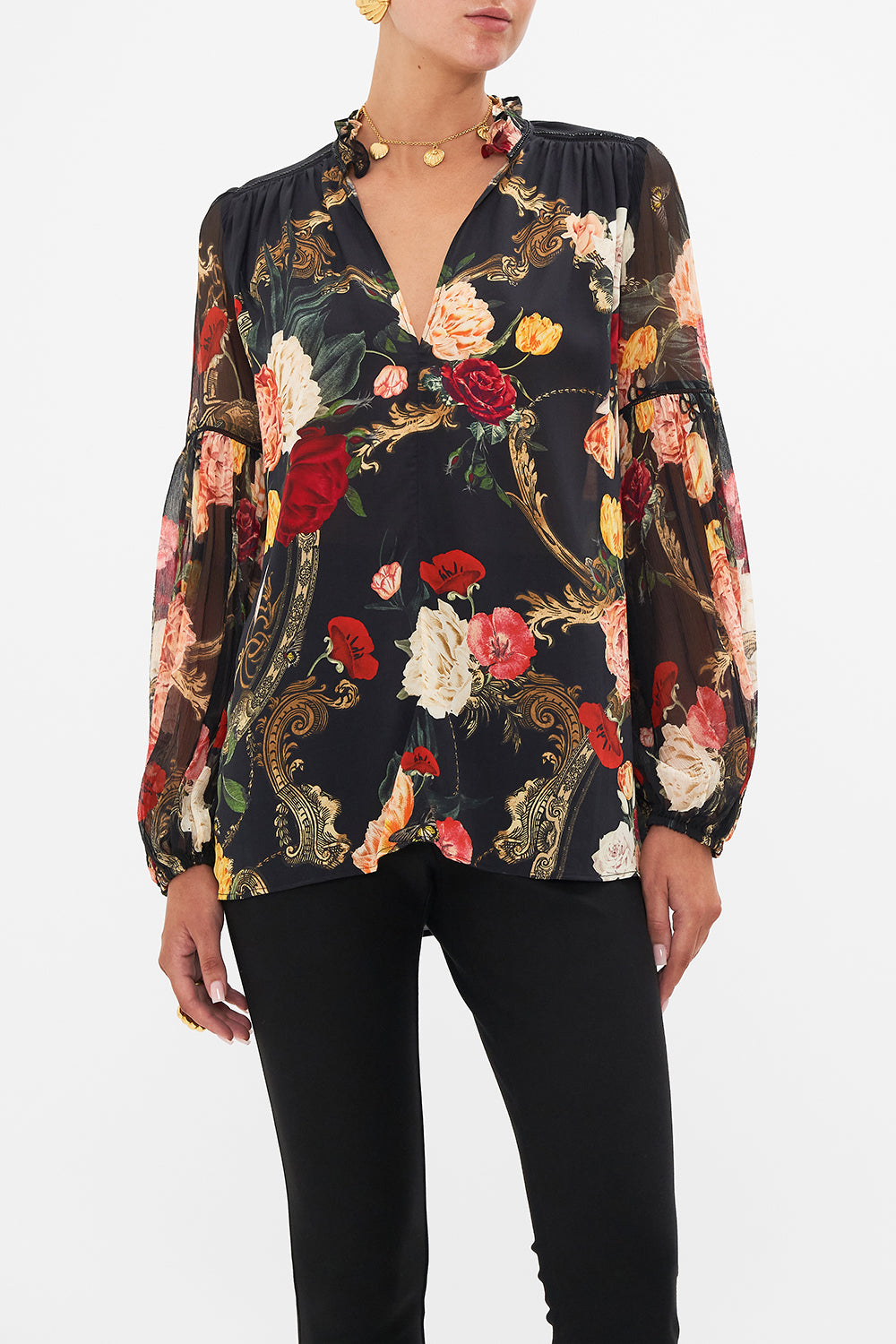 CAMILLA Black Frill Collared Blouse in Magic in the Manuscripts print