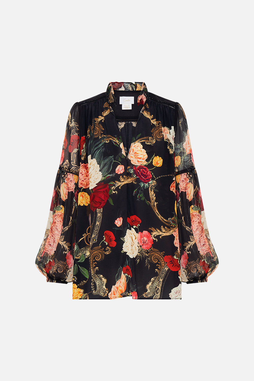 CAMILLA Black Frill Collared Blouse in Magic in the Manuscripts print