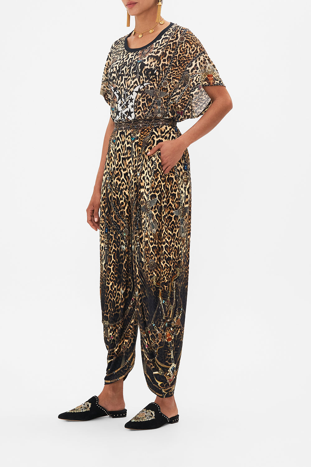 CAMILLA leopard split hem jersey pant in Amsterglam print.