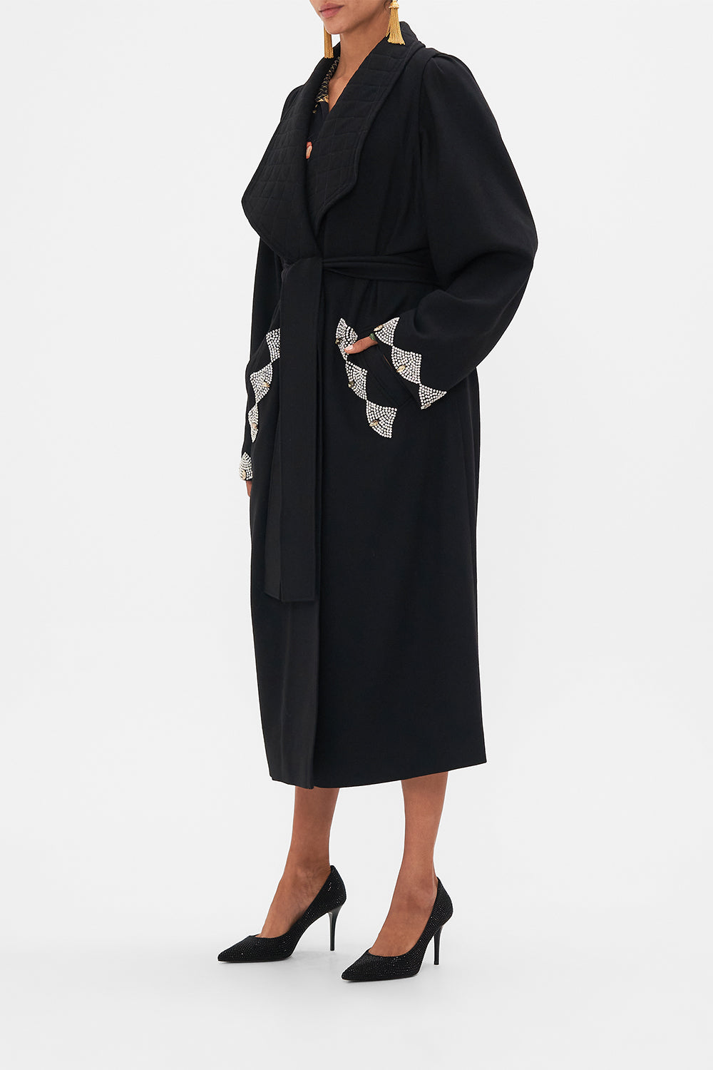 CAMILLA Black Quilted Collar Wool Coat with Vest Detail in Magic in the Manuscripts print