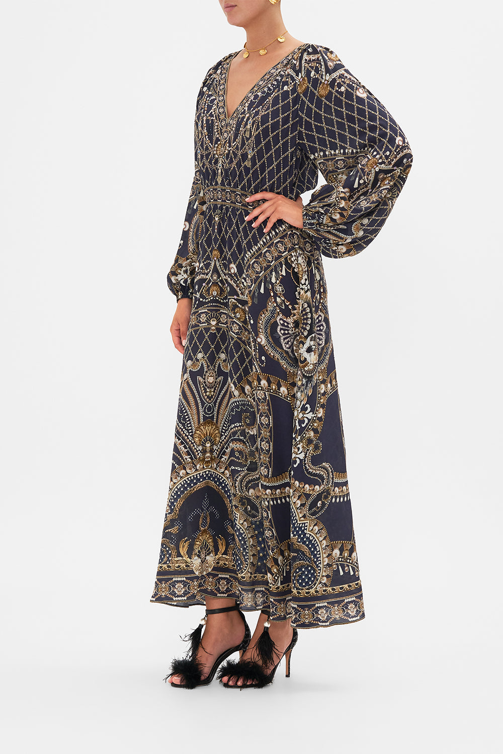 CAMILLA Gold Raglan Shirred Waist Dress in Dance with the Duke print