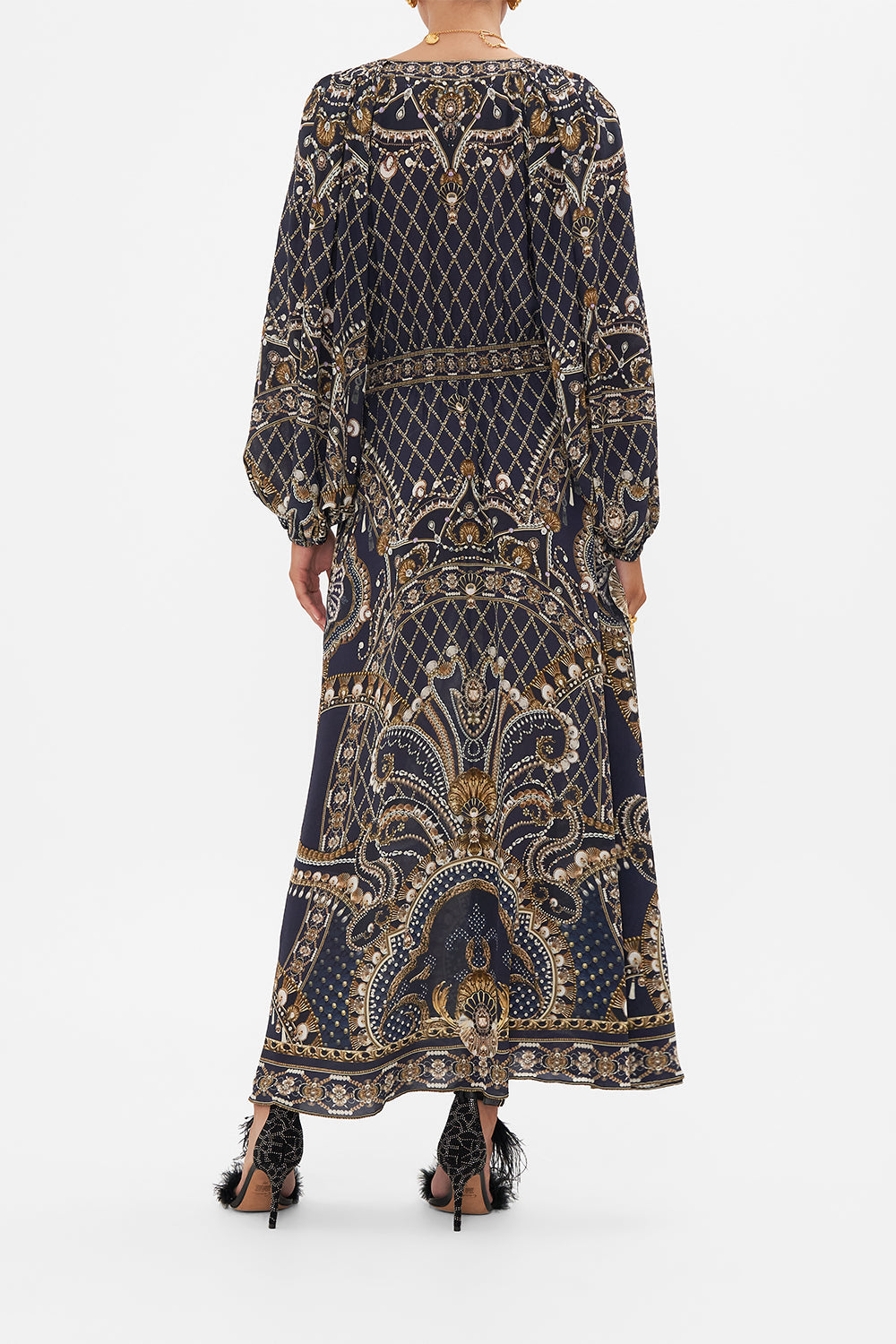 CAMILLA Gold Raglan Shirred Waist Dress in Dance with the Duke print