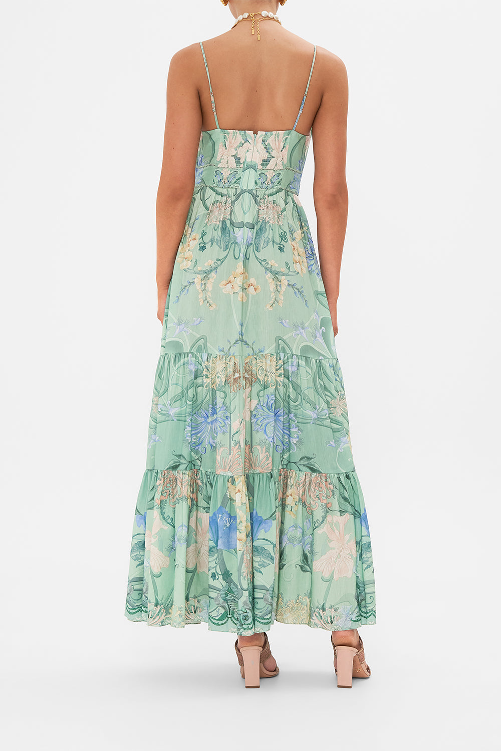 CAMILLA Floral Cut-Out Bodice Dress with Tiered Skirt in Dreaming in Dutch print