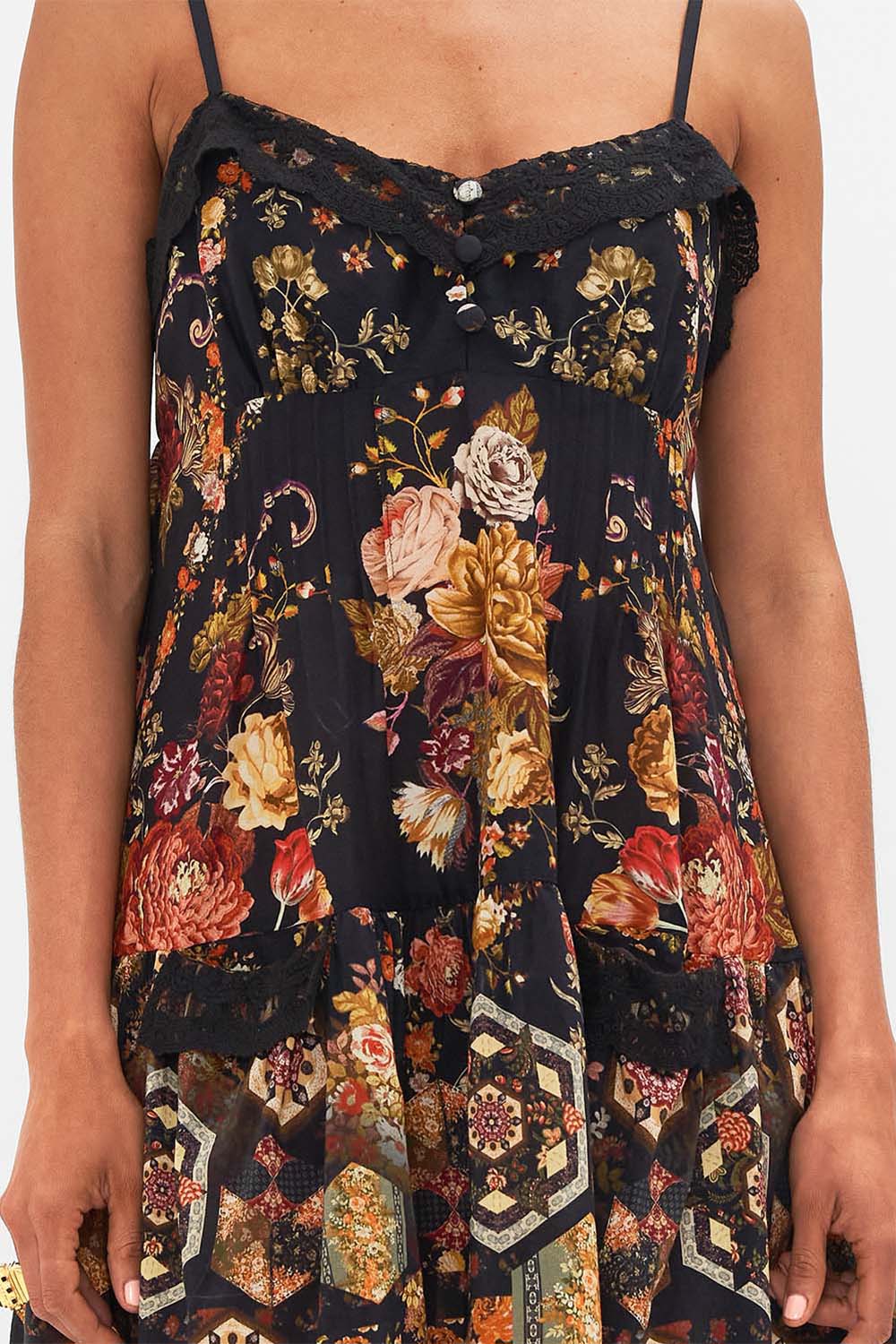 CAMILLA Floral Short Pintuck Dress with Pockets in Stitched in Time print