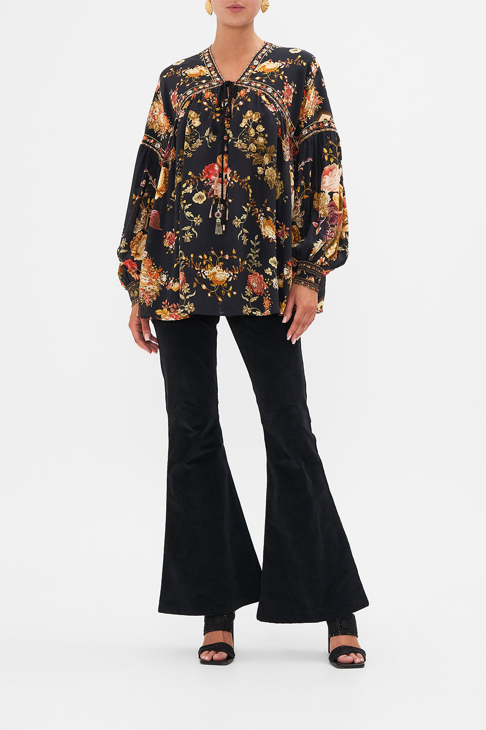 CAMILLA Floral Blouson Blouse with Neck Tie in Stitched in Time print