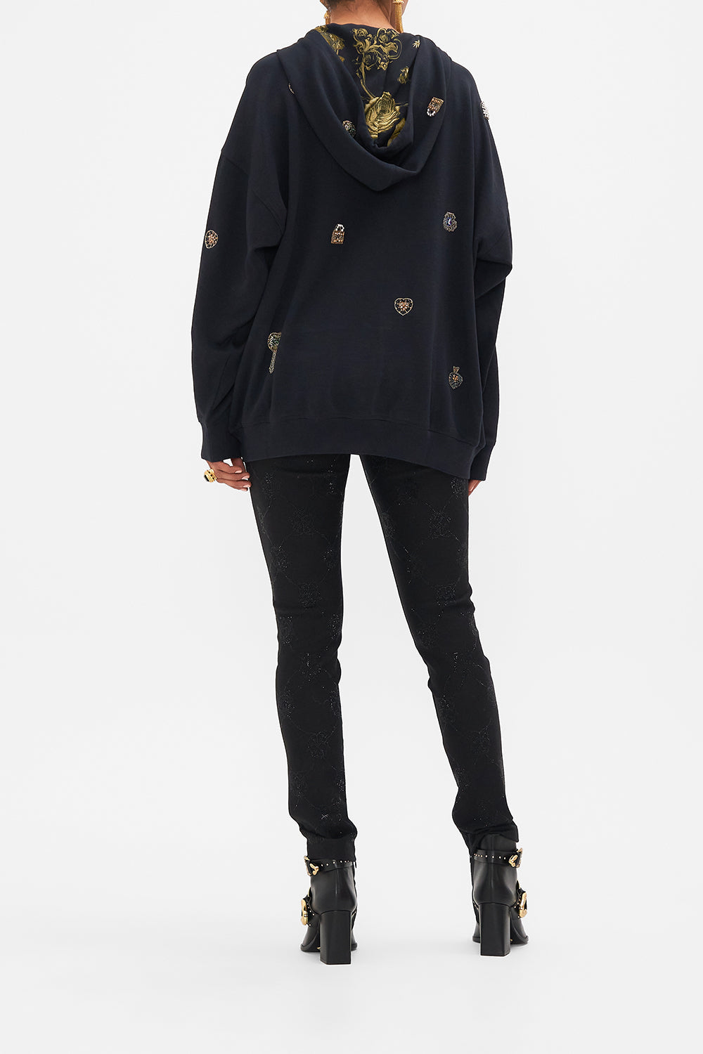 CAMILLA black oversized embellished boyfriend hoodie in Amsterglam print.