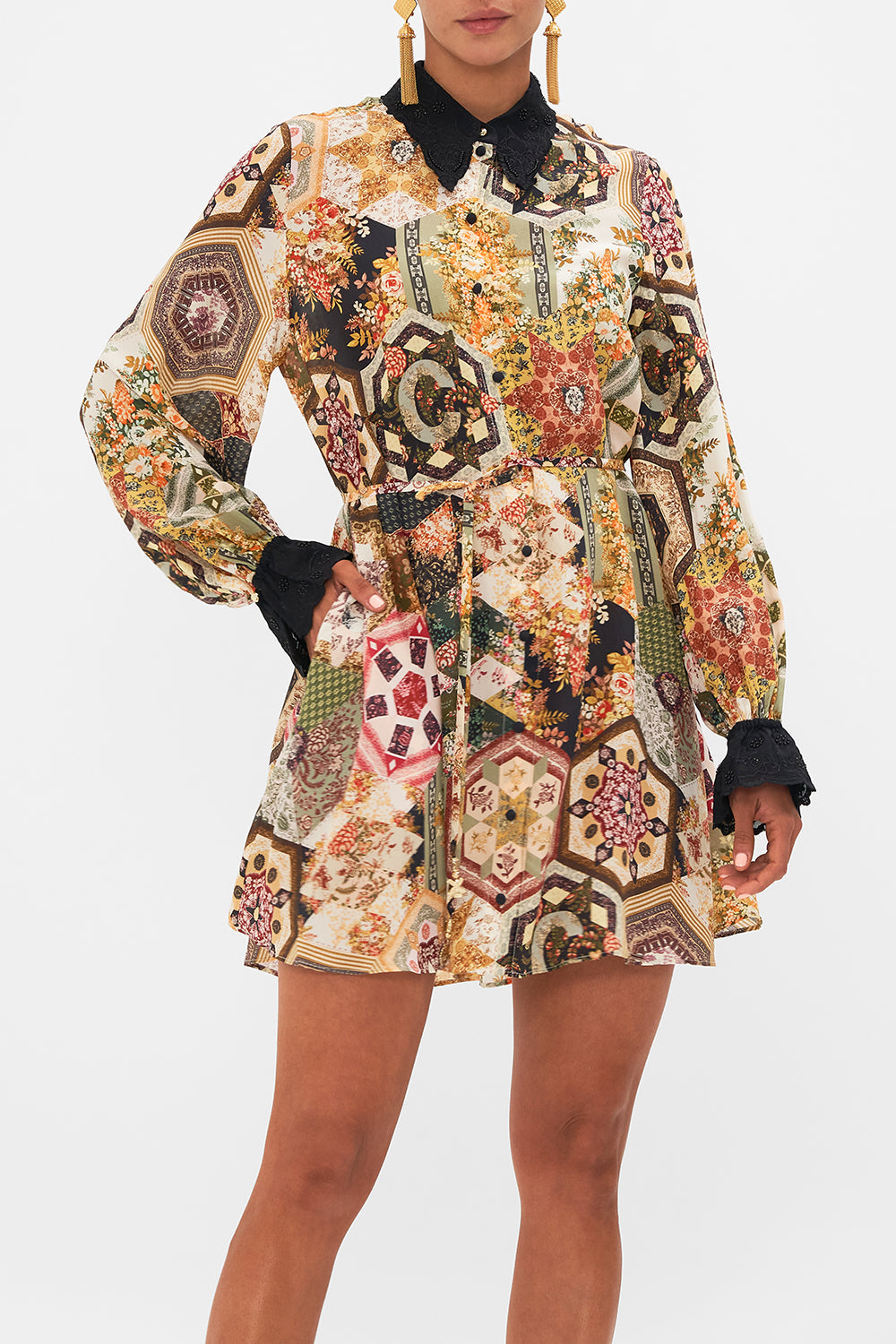 CAMILLA floral shift shirt dress with broderie detail in Stitched in Time print