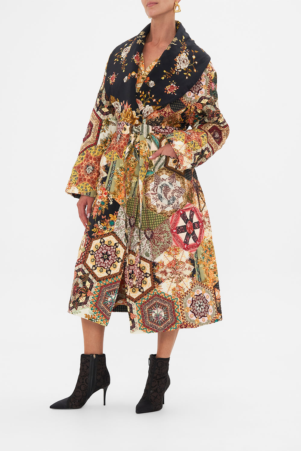 CAMILLA Black Quilted Long Wrap Coat in Stitched in Time print