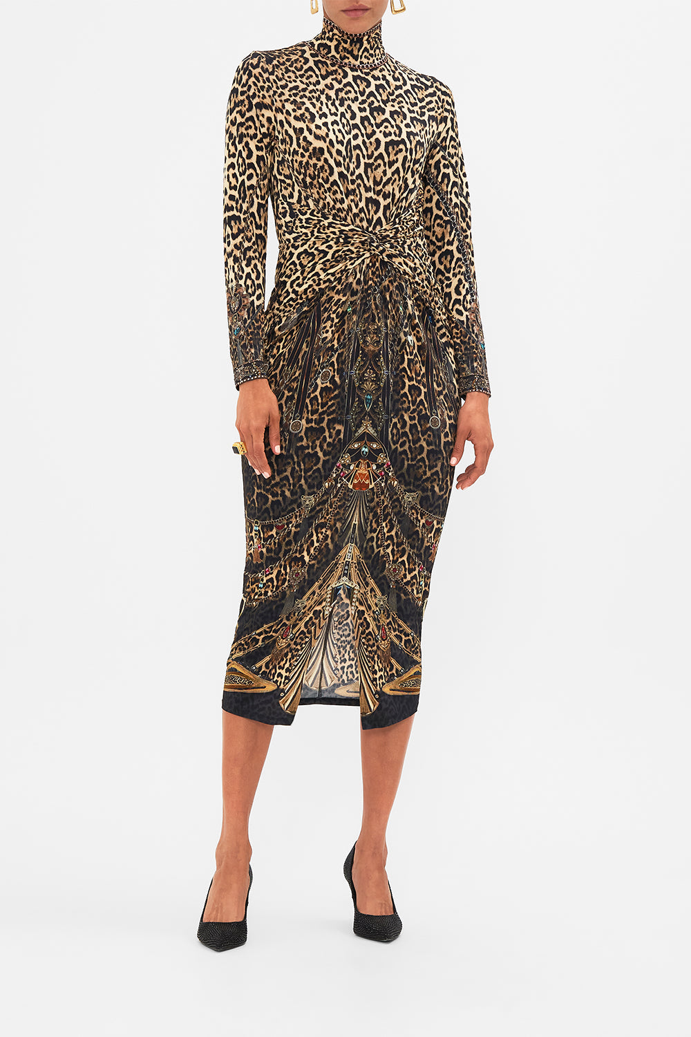 CAMILLA leopard turtle neck midi gathered jersey dress in Amsterglam print.