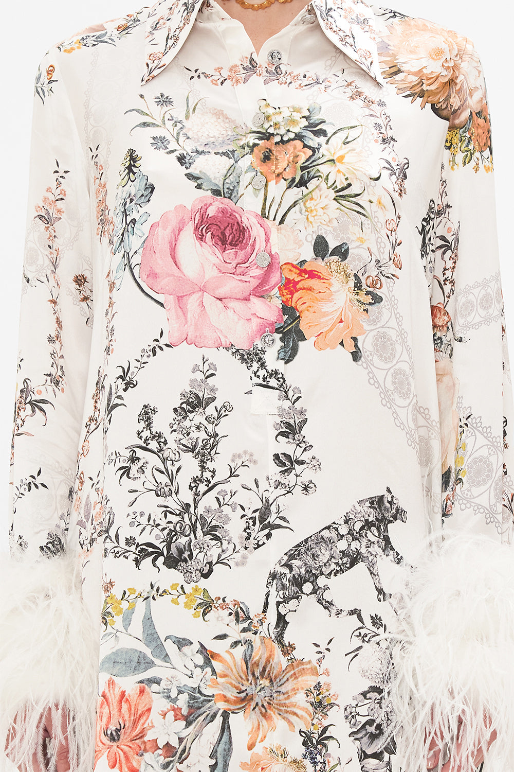 CAMILLA white mini dress with feathers in De Haar Memoirs print