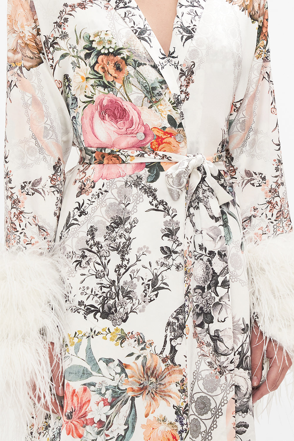 CAMILLA white silk coat with feathers in De Hhaar Memoirs print