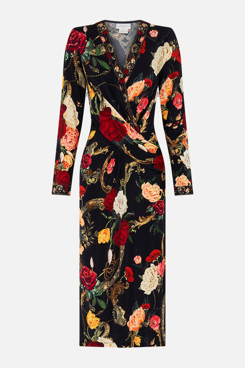 CAMILLA Black V-Neck Midi Cross Front Dress in Magic in the Manuscripts