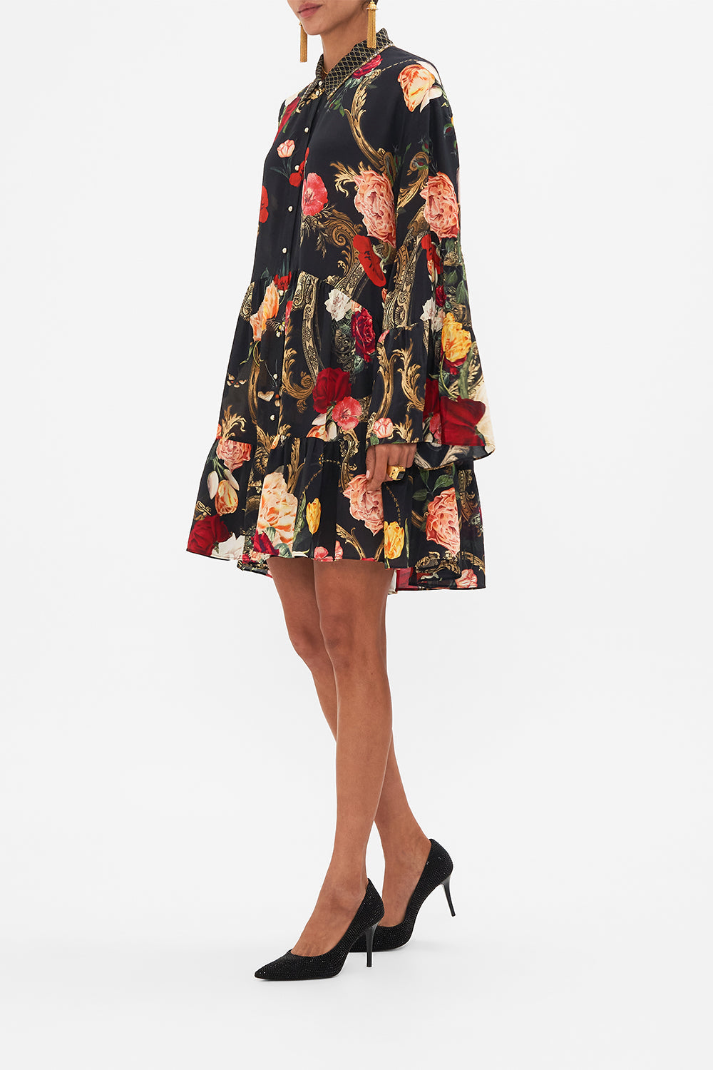 CAMILLA Black Tiered Dress with Collar in Magic in the Manuscripts