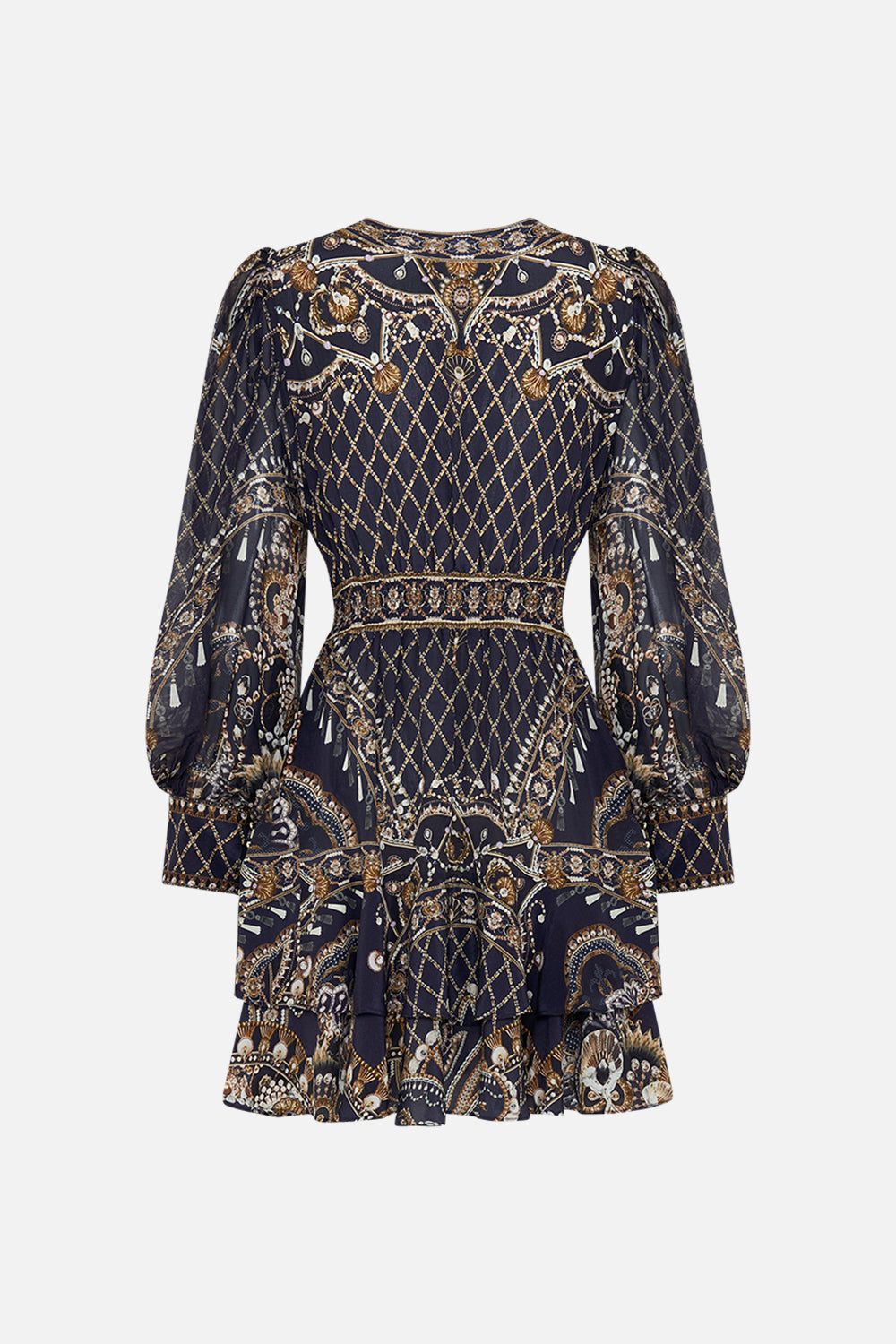 CAMILLA black button frill dress in Dance With The Duke print