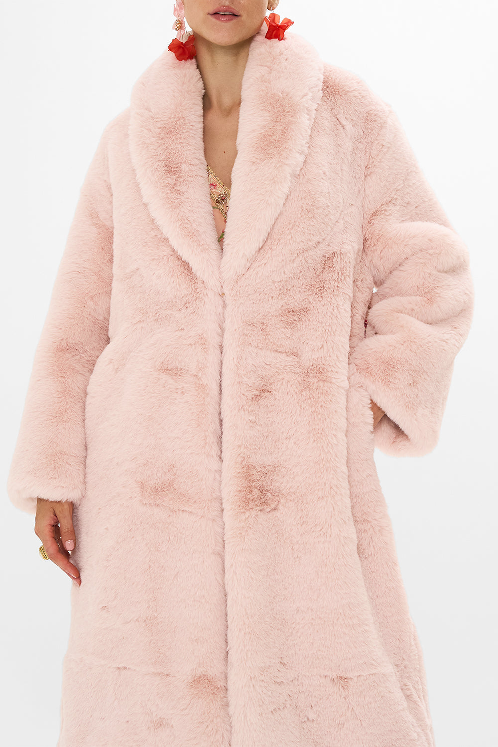 CAMILLA Floral Long Teddy Coat in Blossoms and Brushstrokes