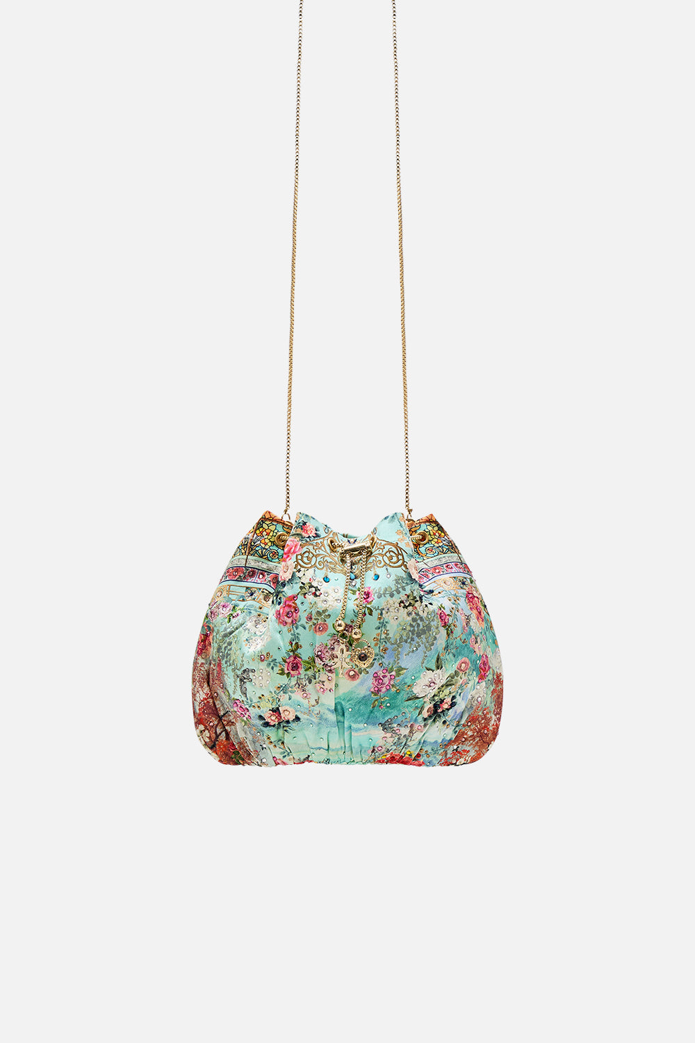 CAMILLA Drawstring pouch with chain strap in The jewellery museum print.