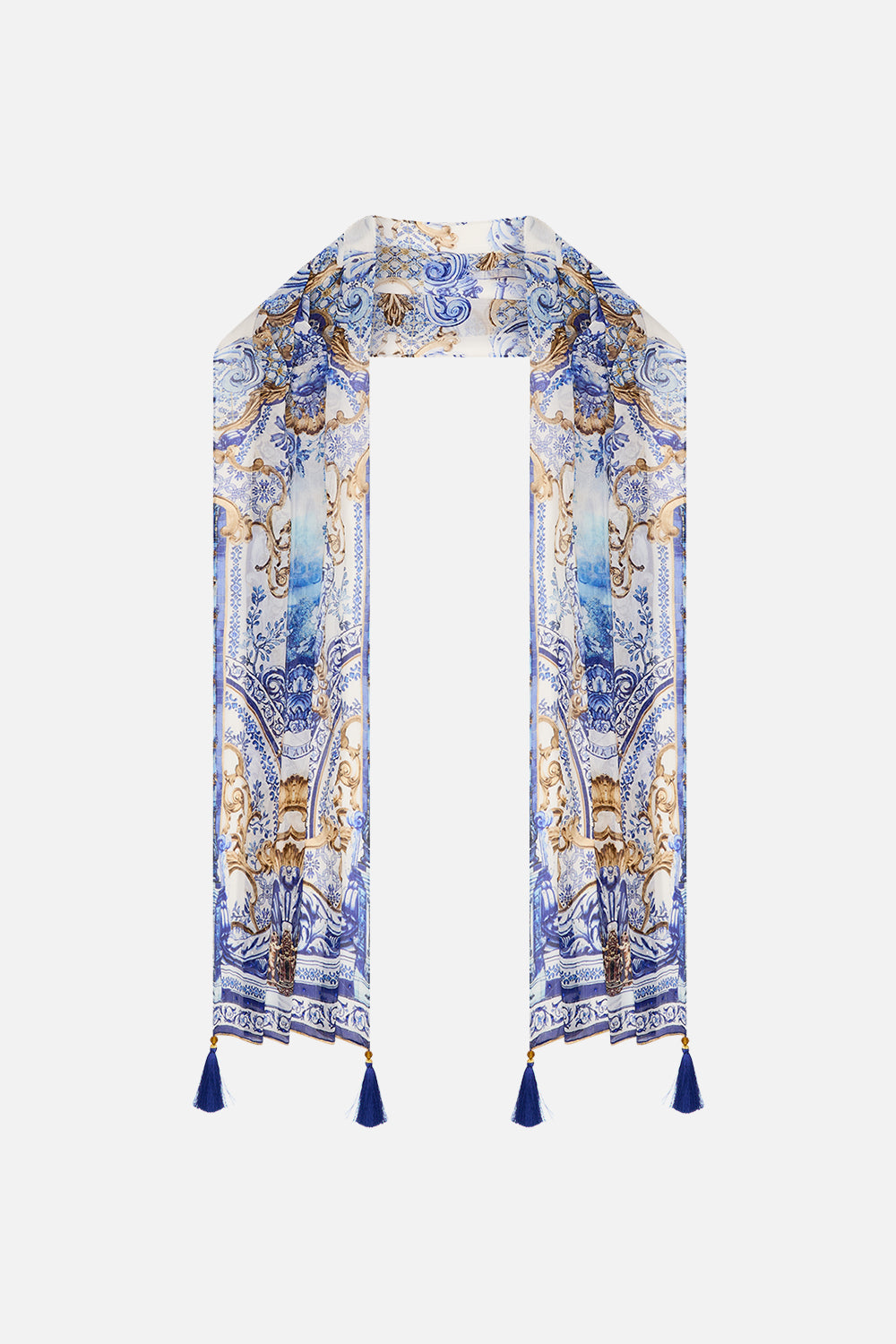 CAMILLA Long Scarf in Azul Adventures print