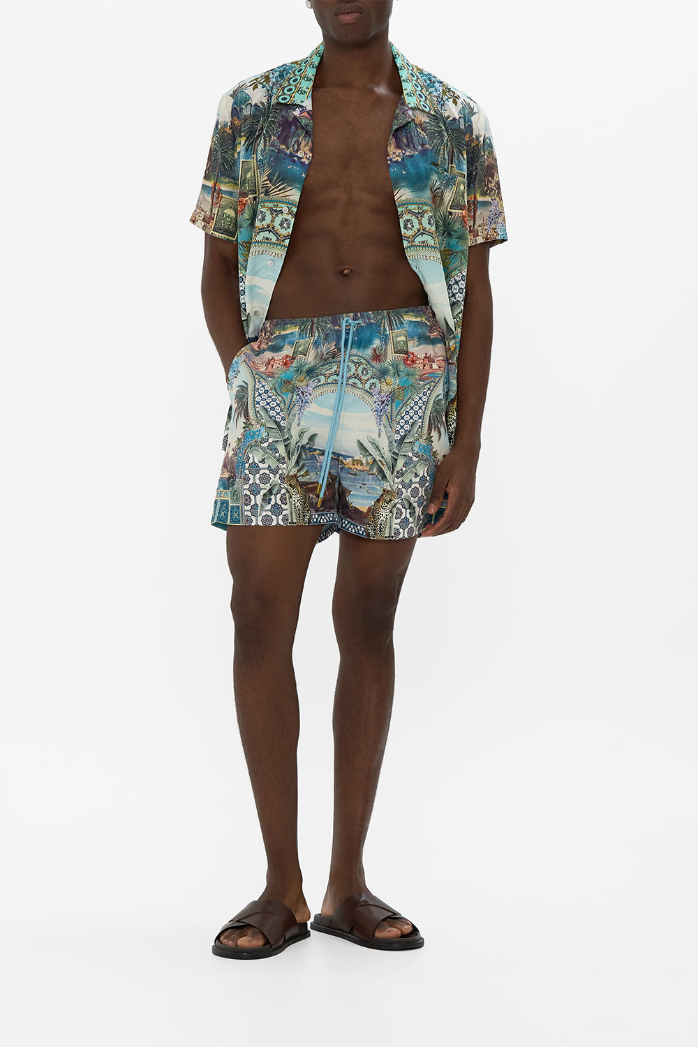 MID LENGTH BOARDSHORT WITH ELASTIC WAIST POSTCARDS & PALM TREES