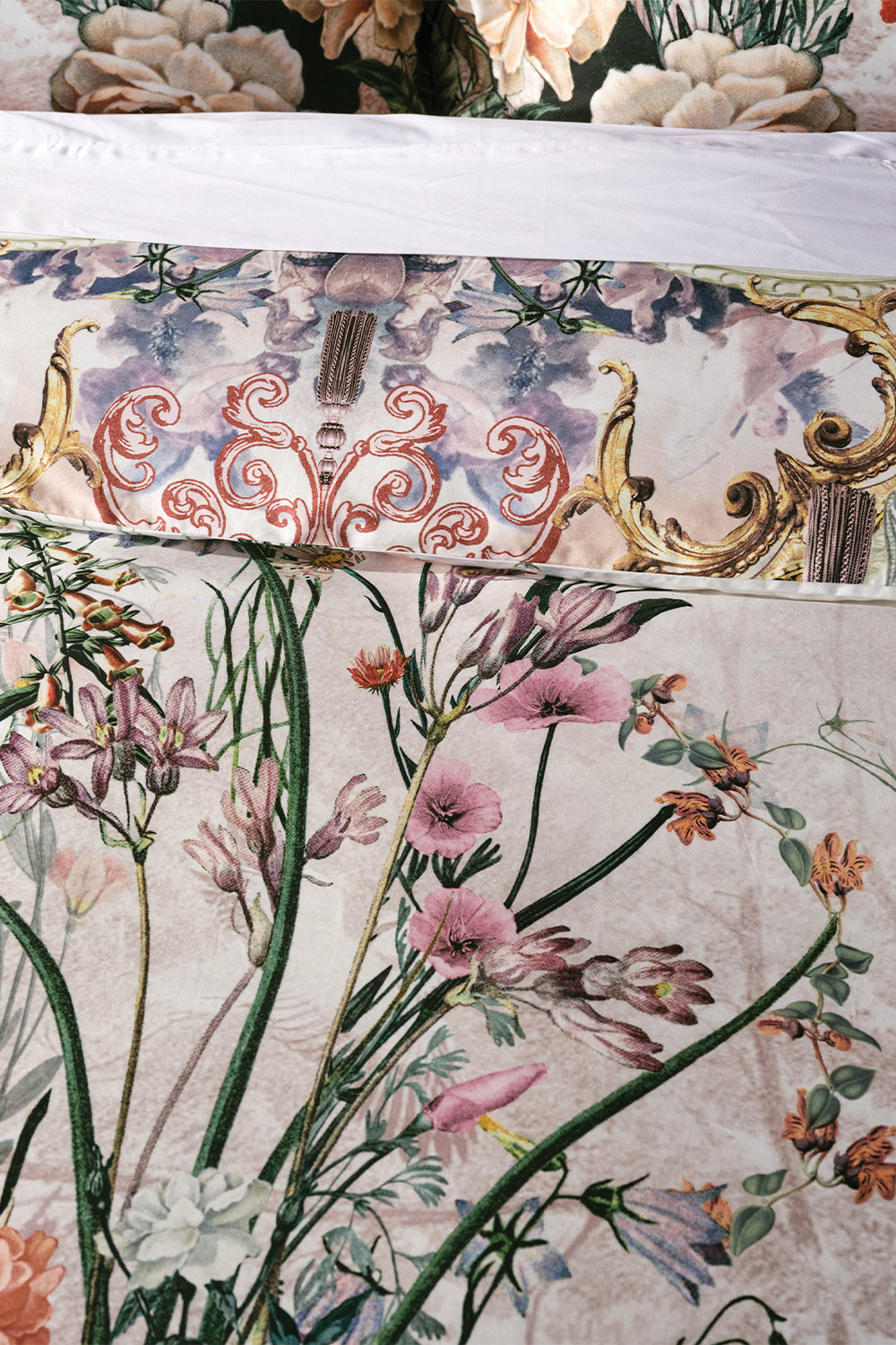 Detail view of CAMILLA floral quilt cover set in Kissed By The Prince print