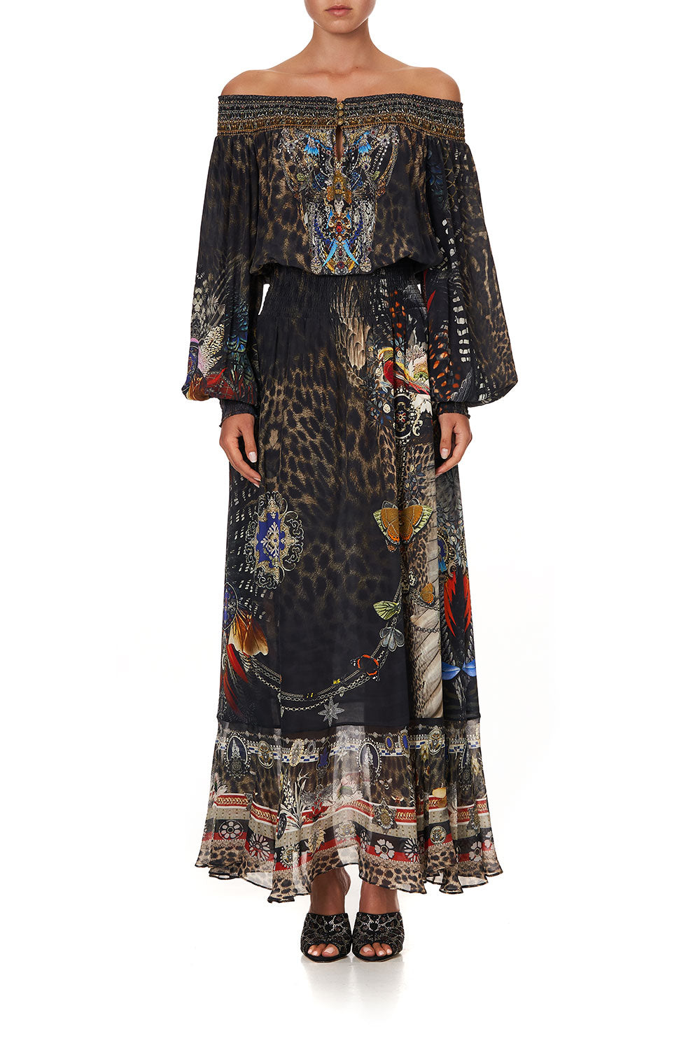 OFF SHOULDER SHIRRED DRESS TREASURE CHASER