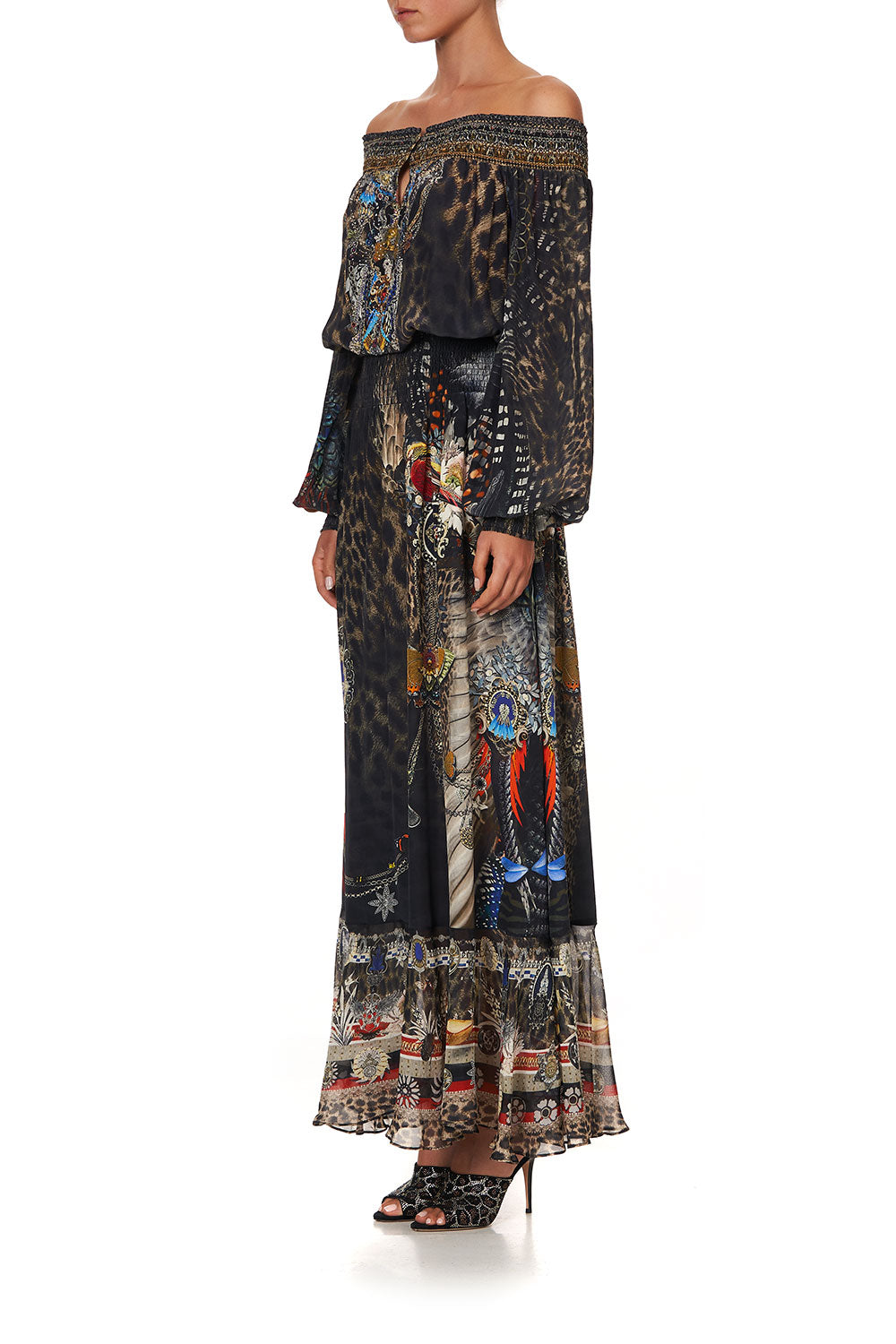 OFF SHOULDER SHIRRED DRESS TREASURE CHASER