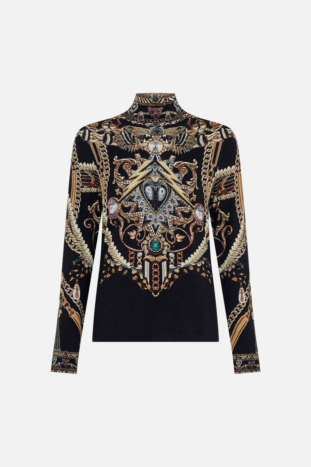 Front product view of CAMILLA jersey turtleneck in Chaos In The Cosmos animal print