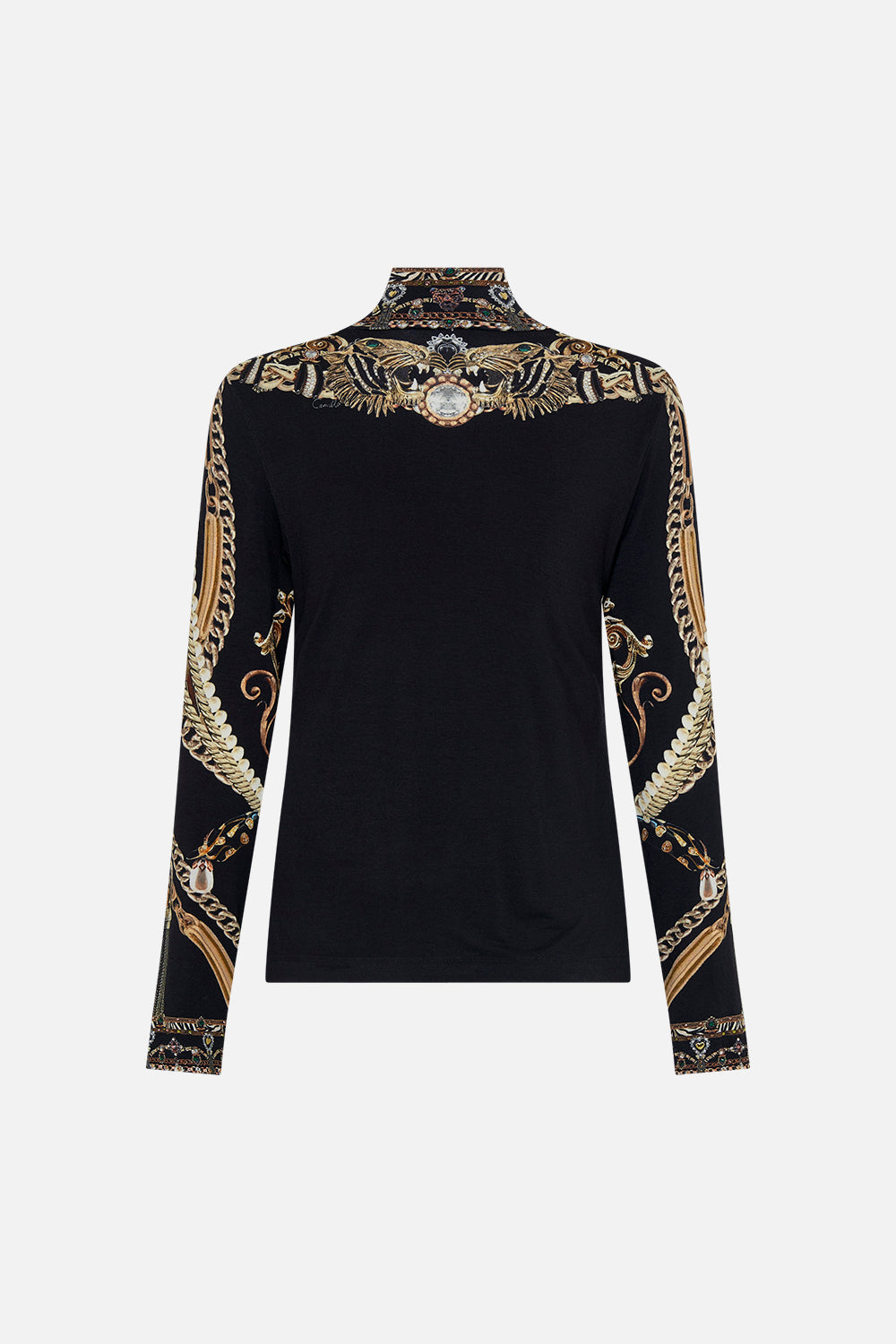 Back product view of CAMILLA jersey turtleneck in Chaos In The Cosmos animal print