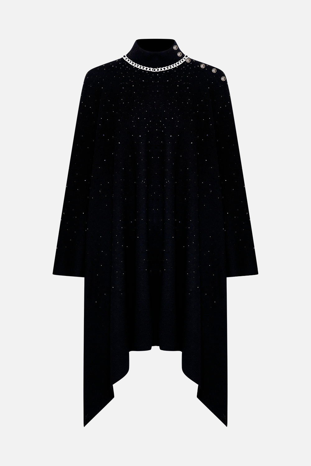 Product view of CAMILLA black knit poncho in Chaos Magic