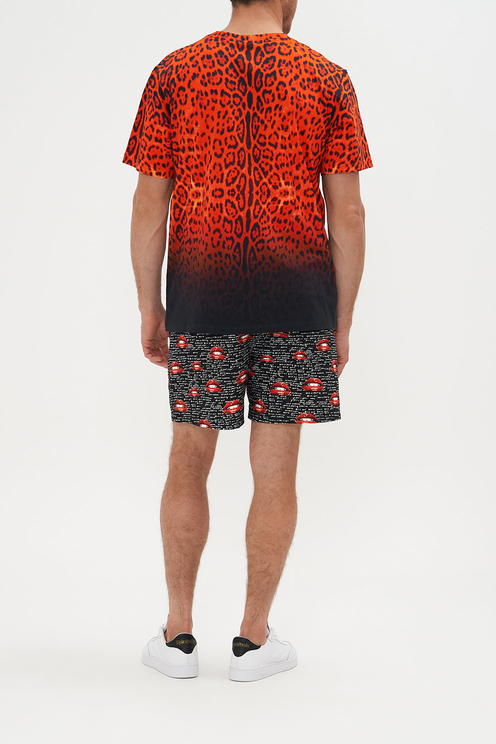 Back view of model wearing Hotel Franks by CAMILLA mens relaxed fit tee in Chaos Magic graphic print