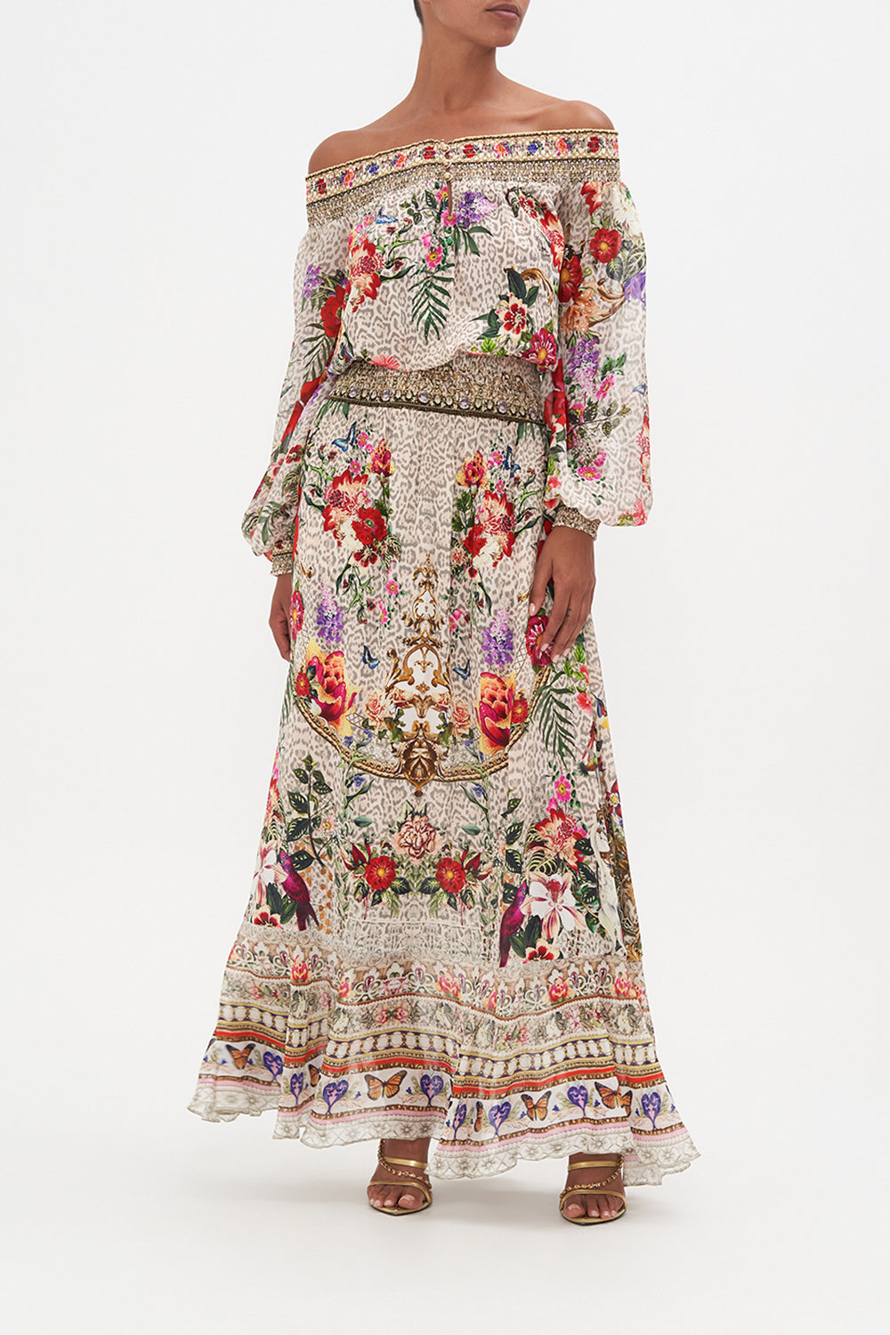 OFF SHOULDER SHIRRED DRESS LEOS BOUQUET