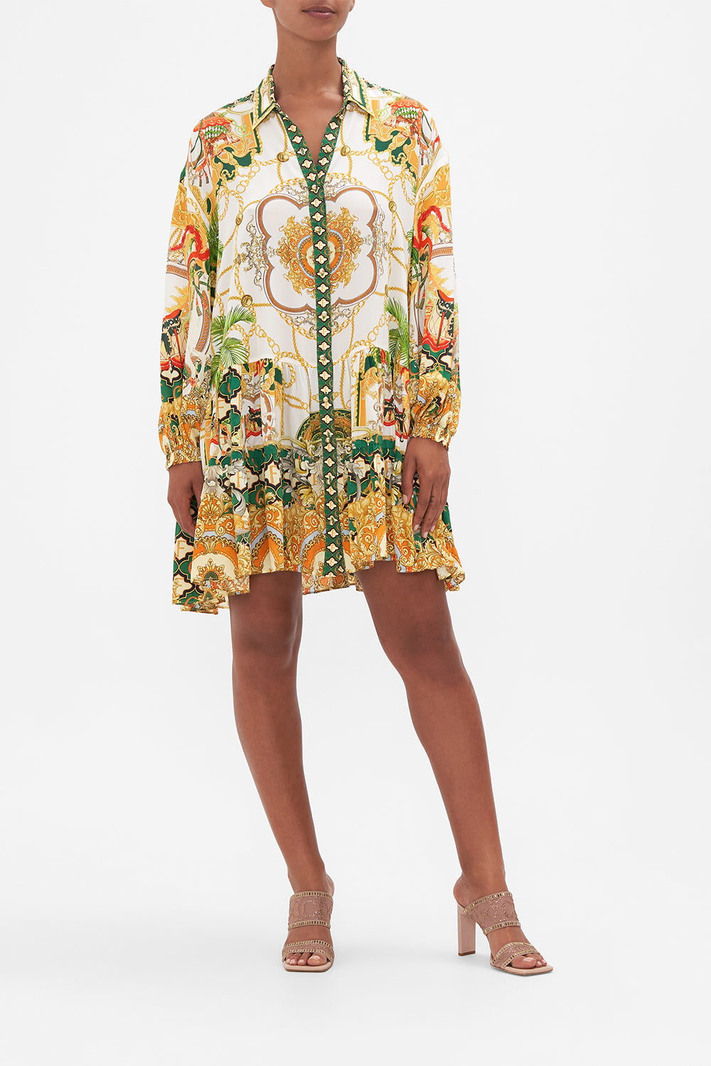 Front view of model wearing CAMILLA shirt dress in My Sweet Devotion print