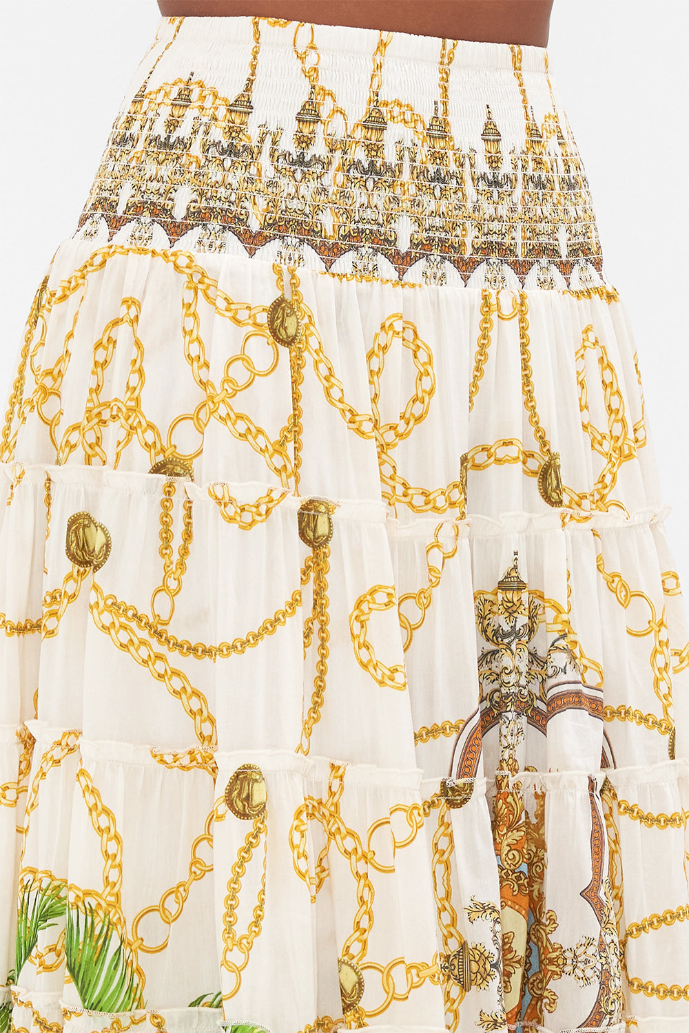 Detail view of model wearing CAMILLA maxi skirt in My Sweet Devotion print