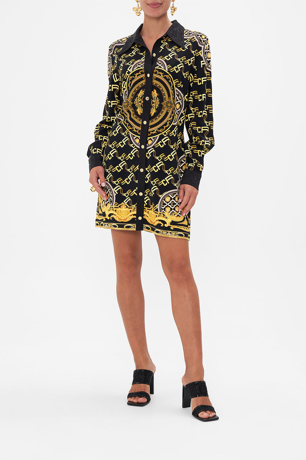 Front view of model wearing CAMILLA long sleeve dress in Tether Me Not print