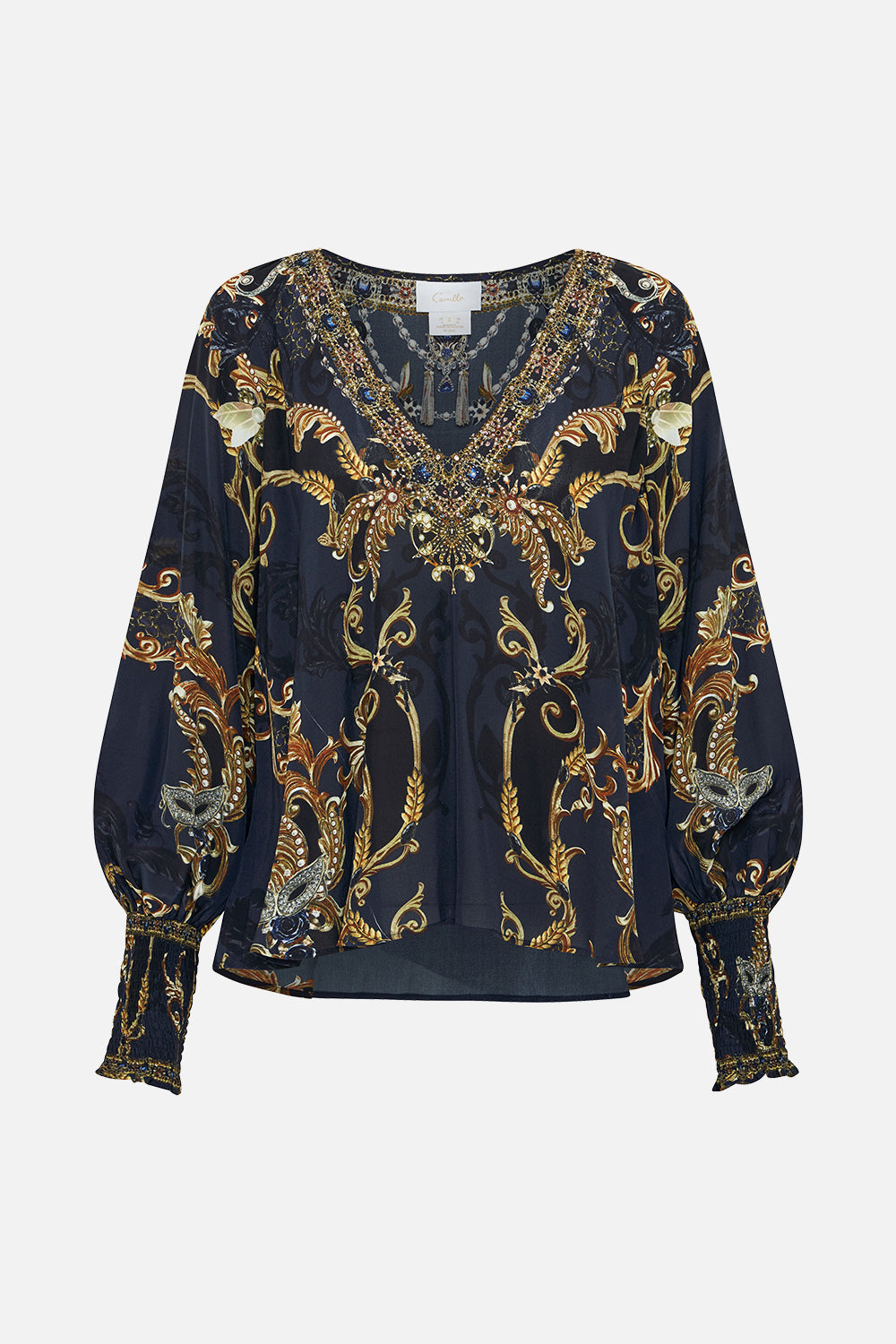 Product view of CAMILLA navy silk blouse in Moonlight Melodies print