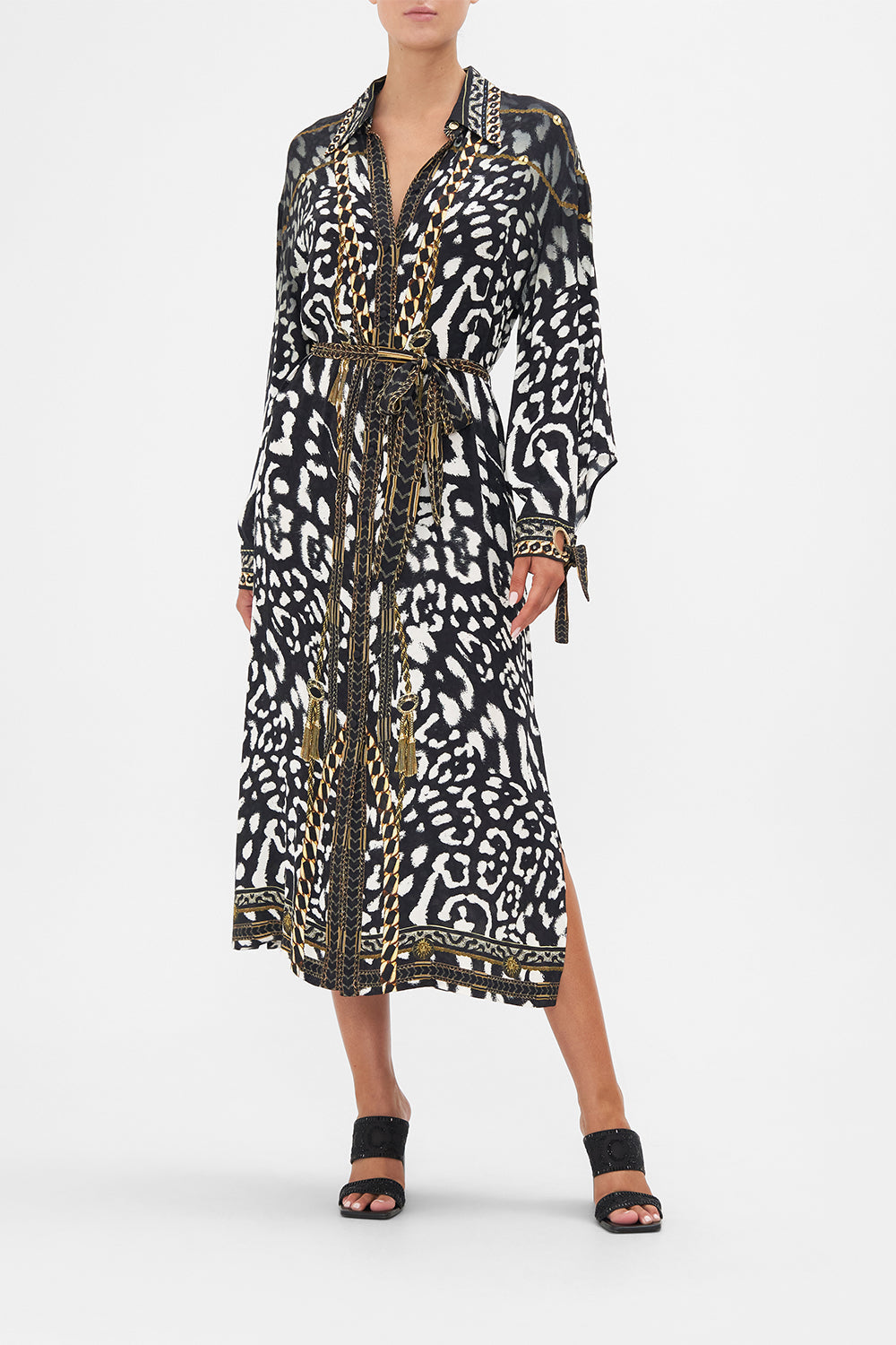 Front view of model wearing CAMILLA animal print shirt dressing Untamed Royalty print