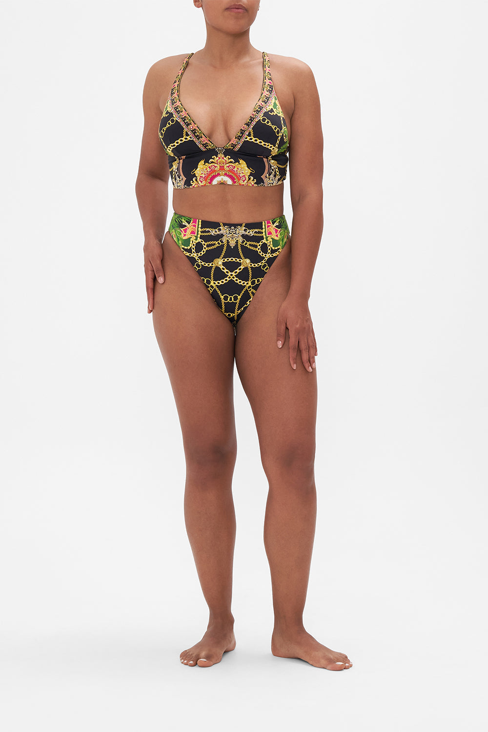 Front view of model wearing CAMILLA triangle bikini top in Jealosuy And Jewels print